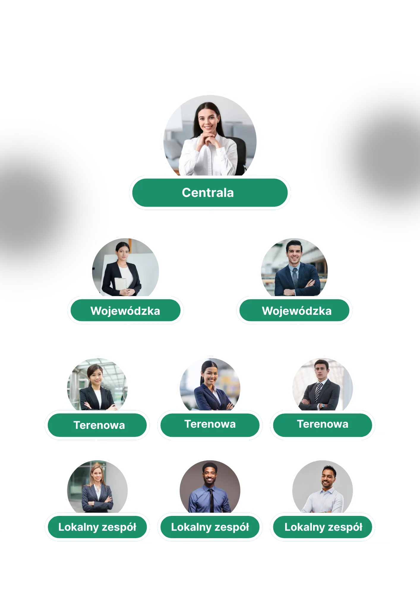 Struktura wielopoziomowa ComUnity — schemat centrala, regiony, oddziały